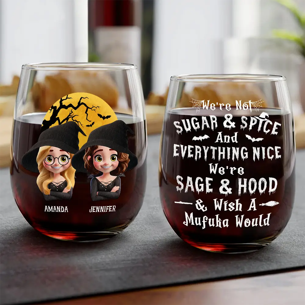 Halloween Besties Sugar & Spice - Personalized Stemless Wine Glass