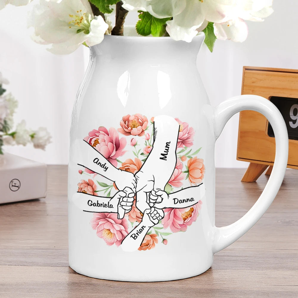 Hand In Hand Birth Flower Grandma Mom - Personalized Ceramic Flower Vase