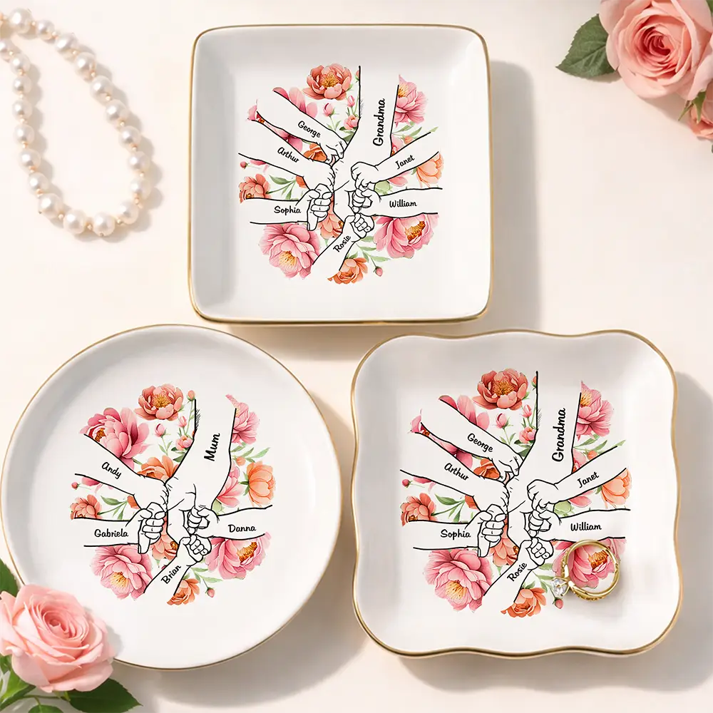 Gift For Grandma,Gift For Mother,Love,Happy - Hand In Hand Birth Flower Grandma Mom - Personalized Ring Dish