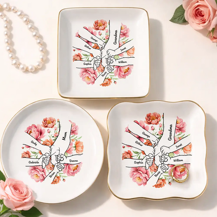 Hand In Hand Birth Flower Grandma Mom - Personalized Ring Dish