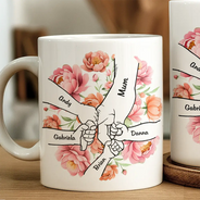 Gift For Grandma, Gift For Mother, Love, Happy - Hand In Hand Birth Flower Grandma Mom - Personalized White Edge-to-Edge Mug