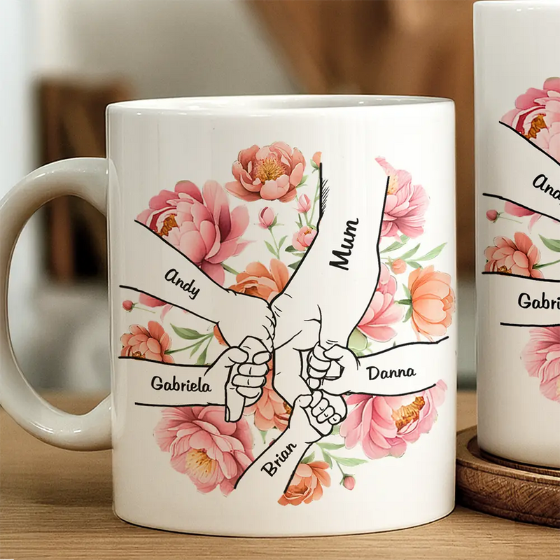 Gift For Grandma, Gift For Mother, Love, Happy - Hand In Hand Birth Flower Grandma Mom - Personalized White Edge-to-Edge Mug