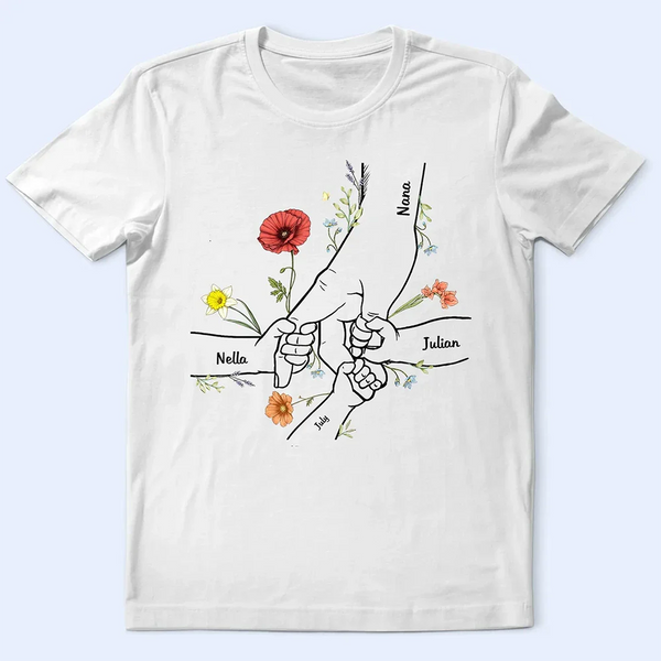 Gift For Mother,Gift For Grandma,Love - Hand In Hand Birth Flower Mom Kid Nana Grandkid - Personalized T Shirt