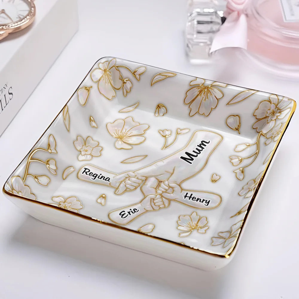 Gift For Wife, Gift For Mother, Gift For Grandma, Love - Hand In Hand Mom Grandma Nacre Effect - Personalized Ring Dish