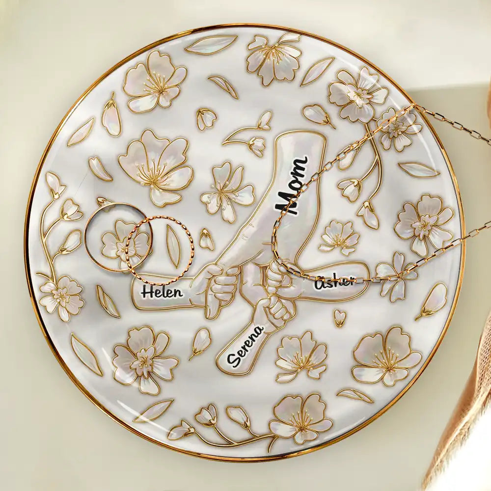 Gift For Wife, Gift For Mother, Gift For Grandma, Love - Hand In Hand Mom Grandma Nacre Effect - Personalized Ring Dish