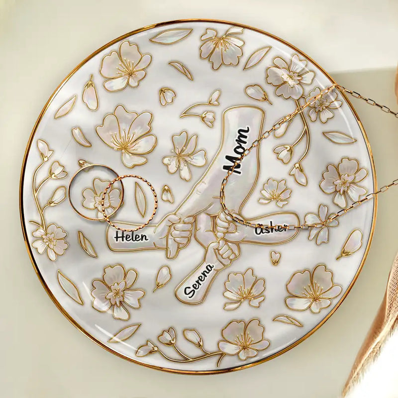 Gift For Wife, Gift For Mother, Gift For Grandma, Love - Hand In Hand Mom Grandma Nacre Effect - Personalized Ring Dish
