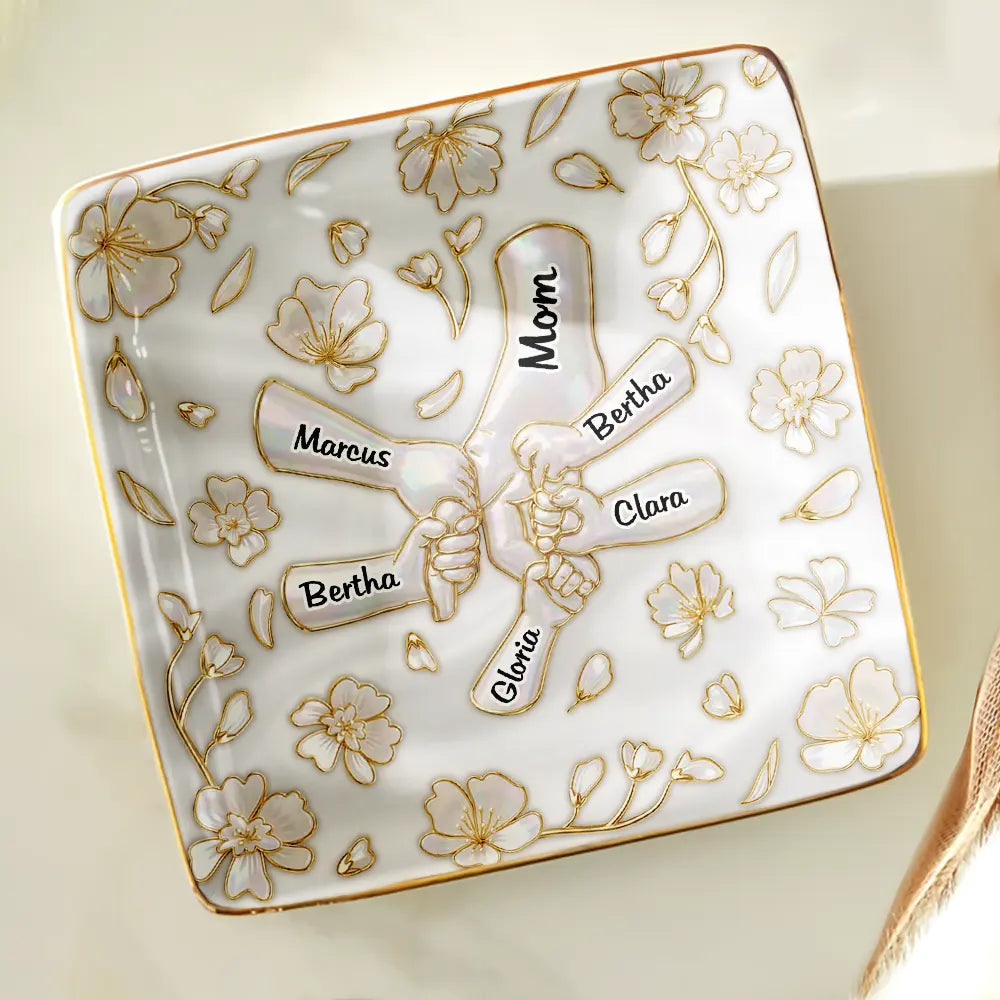 Gift For Wife, Gift For Mother, Gift For Grandma, Love - Hand In Hand Mom Grandma Nacre Effect - Personalized Ring Dish