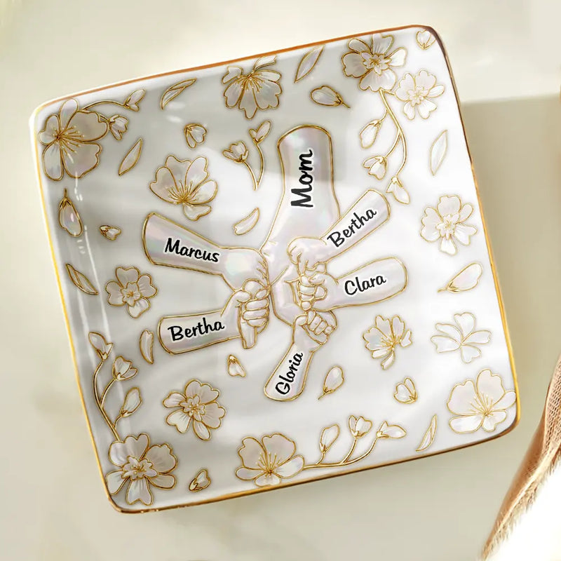 Gift For Wife, Gift For Mother, Gift For Grandma, Love - Hand In Hand Mom Grandma Nacre Effect - Personalized Ring Dish