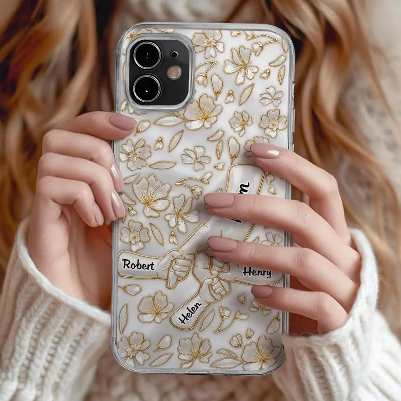Gift For Wife, Gift For Mother, Gift For Grandma, Love - Hand In Hand Mom Grandma Nacre Effect 3D Inflated Effect Printed - Personalized Clear Phone Case