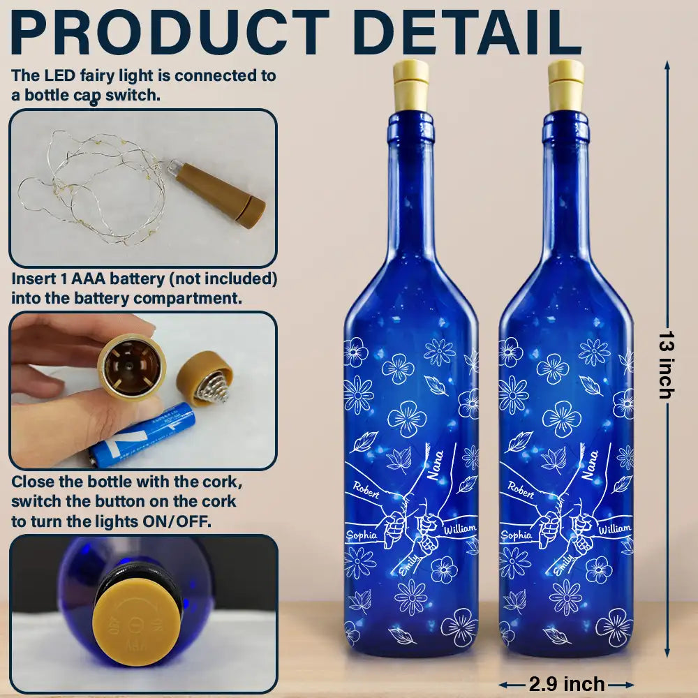 Gift For Grandma, Gift For Mother, Gift For Women, Happy - Hand In Hand, I Will Always Protect You - Personalized Blue Bottle Light