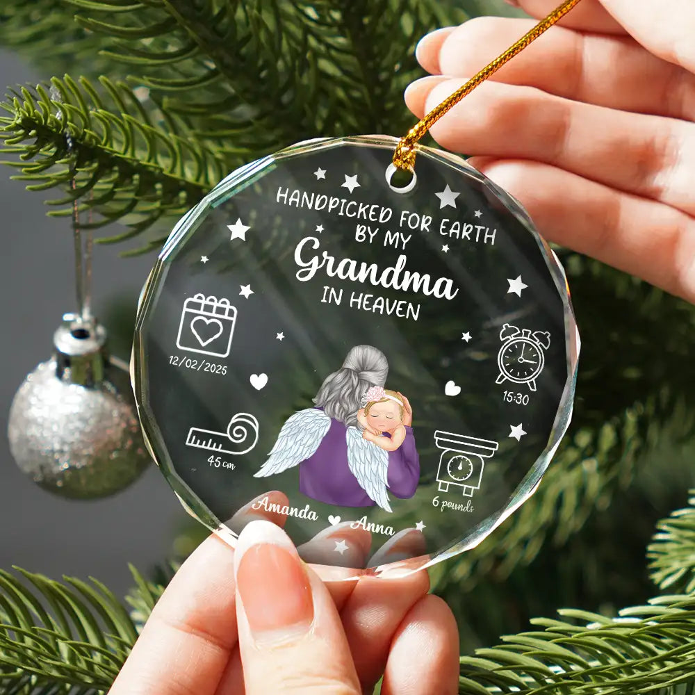 Gift For Grandparents,Gift For Grandpa,Gift For Grandma,Love,New baby,Family - Handpicked For Earth By My Great Grandma Granpa In Heaven - Personalized Circle Glass Ornament