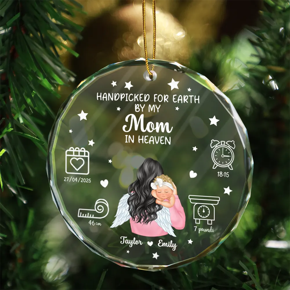 Gift For Grandparents,Gift For Grandpa,Gift For Grandma,Love,New baby,Family - Handpicked For Earth By My Great Grandma Granpa In Heaven - Personalized Circle Glass Ornament