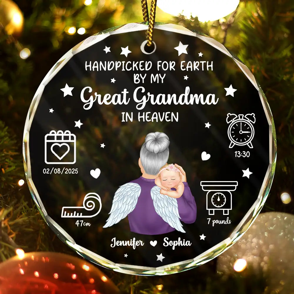 Handpicked For Earth By My Great Grandma Granpa In Heaven - Personalized Circle Glass Ornament