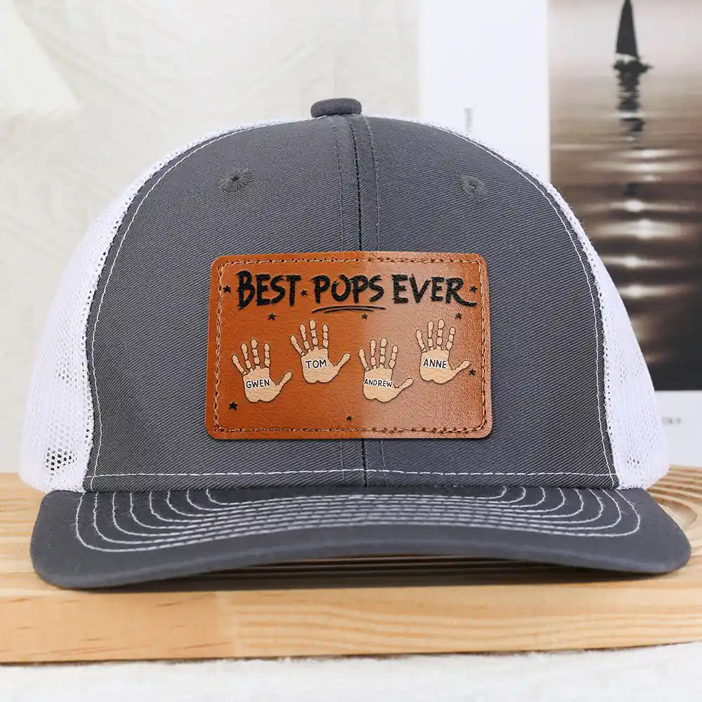 Gift For Father,Gift For Grandpa - Handprints Best Dad Ever - Personalized Leather Patch Hat