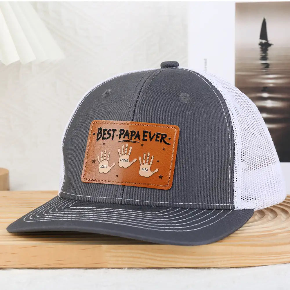 Gift For Father,Gift For Grandpa - Handprints Best Dad Ever - Personalized Leather Patch Hat