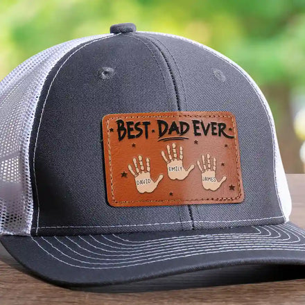 Handprints Best Dad Ever - Personalized Leather Patch Hat