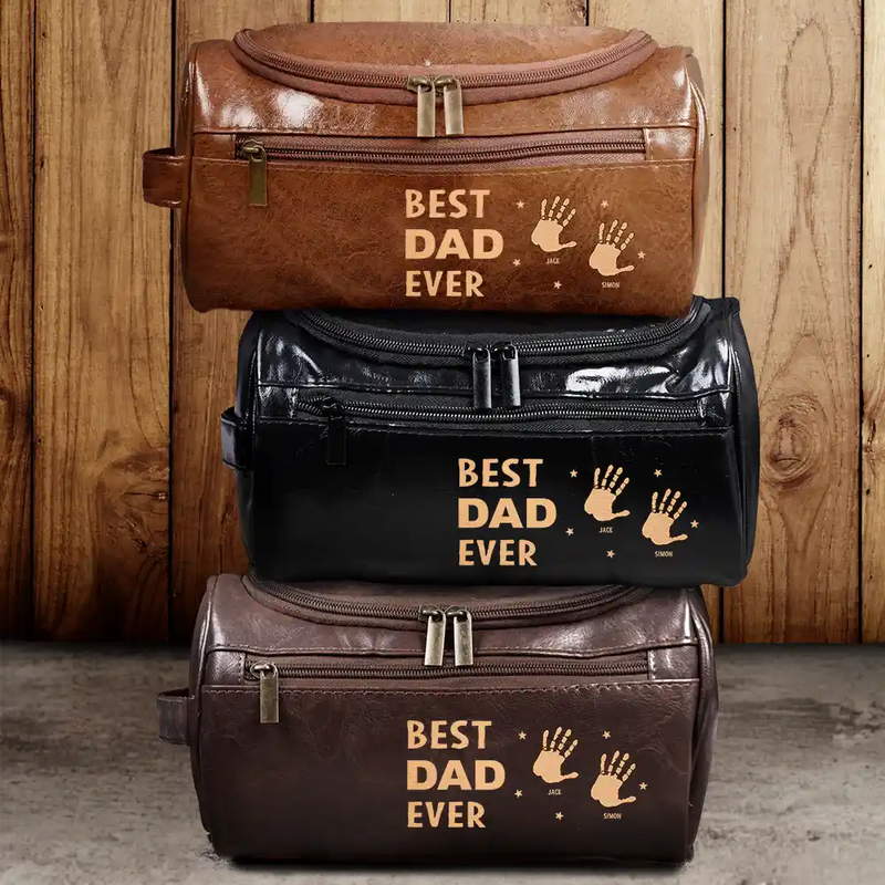 Gift For Yourself,Gift For Men,Grandpa,Grandkids,Gift For Grandpa,Gift For Father,Children,Dad,Sons,Daughters - Handprints Best Dad Grandpa Papa Ever - Personalized Leather Toiletry Bag