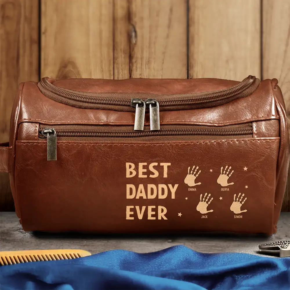 Gift For Yourself,Gift For Men,Grandpa,Grandkids,Gift For Grandpa,Gift For Father,Children,Dad,Sons,Daughters - Handprints Best Dad Grandpa Papa Ever - Personalized Leather Toiletry Bag