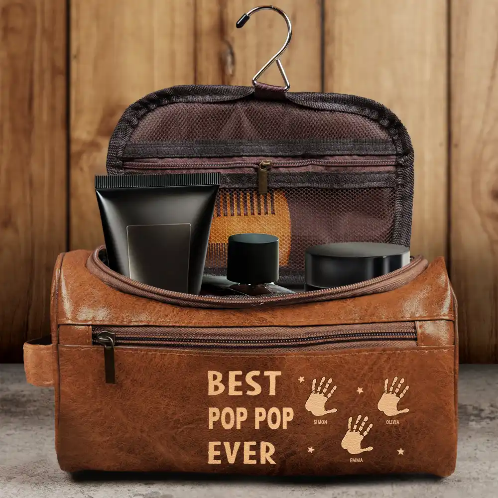 Gift For Yourself,Gift For Men,Grandpa,Grandkids,Gift For Grandpa,Gift For Father,Children,Dad,Sons,Daughters - Handprints Best Dad Grandpa Papa Ever - Personalized Leather Toiletry Bag