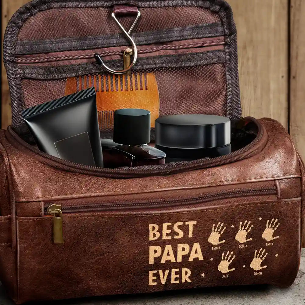 Gift For Yourself,Gift For Men,Grandpa,Grandkids,Gift For Grandpa,Gift For Father,Children,Dad,Sons,Daughters - Handprints Best Dad Grandpa Papa Ever - Personalized Leather Toiletry Bag