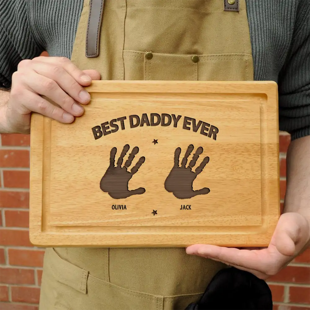 Gift For Husband,Gift For Men,Gift For Yourself,Gift For Grandpa,Gift For Father,Happy,Cooking - Handprints Best Dad Grandpa Papa Ever - Personalized Wooden Cutting Board