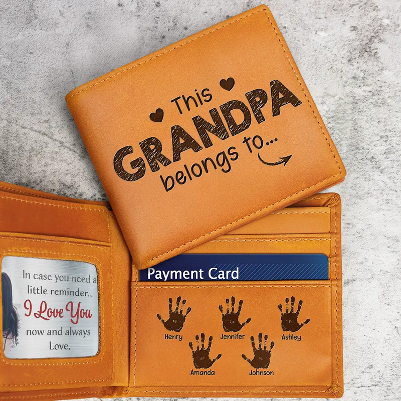 Gift For Father, Gift For Grandpa, Love - Handprints This Grandpa Daddy Belongs To - Personalized Engraved Leather Wallet