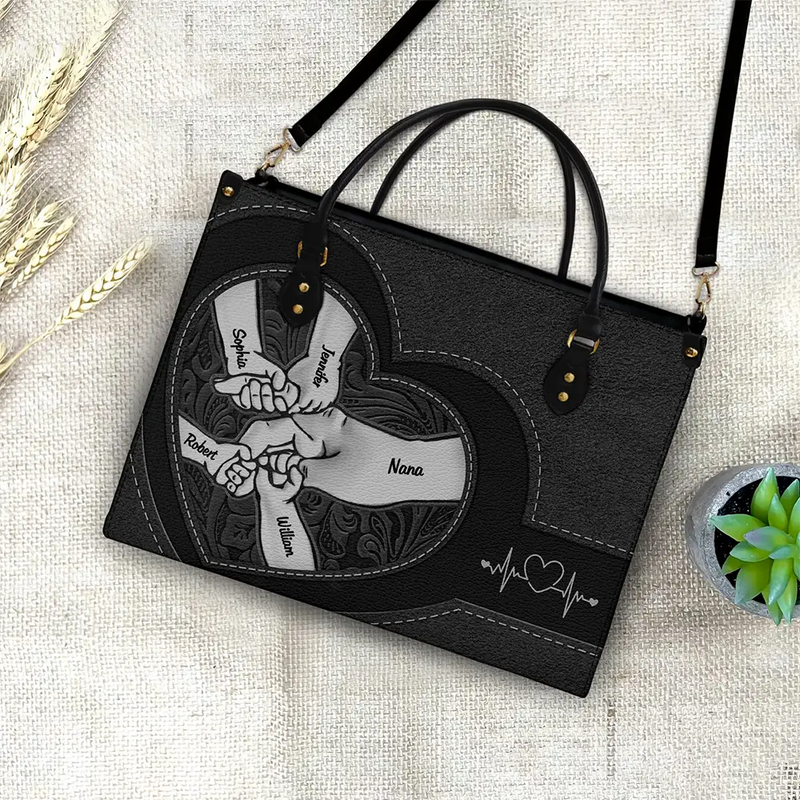 Gift For Grandma,Grandma,Grandkids,Gift For Mother - Hands In Hands Mom Nana And Children - Personalized Leather Bag
