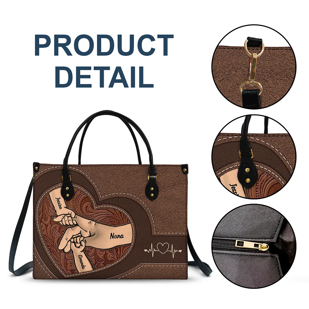 Gift For Grandma,Grandma,Grandkids,Gift For Mother - Hands In Hands Mom Nana And Children - Personalized Leather Bag
