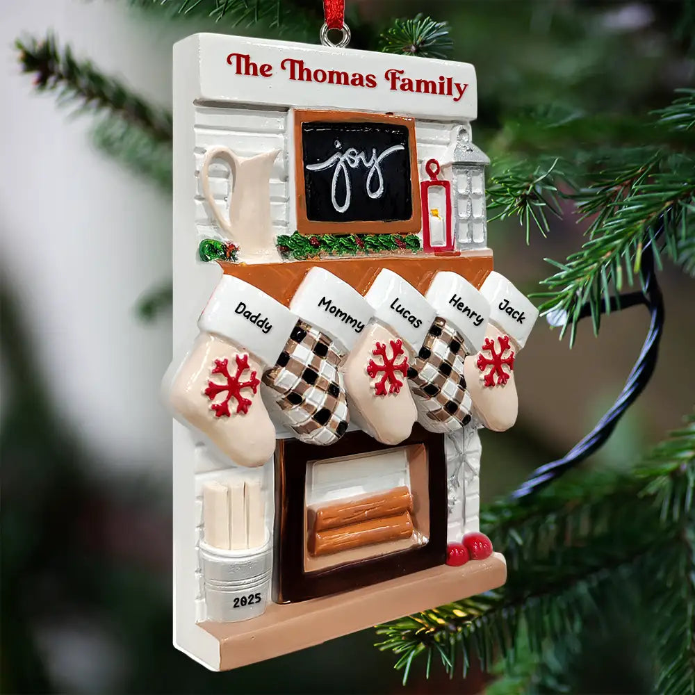 Family,Gift For Couples,Love,Christmas,Pet Lovers - Hanging Socks Cozy Fireplace Family Friend - Personalized Embossed Ceramic Ornament