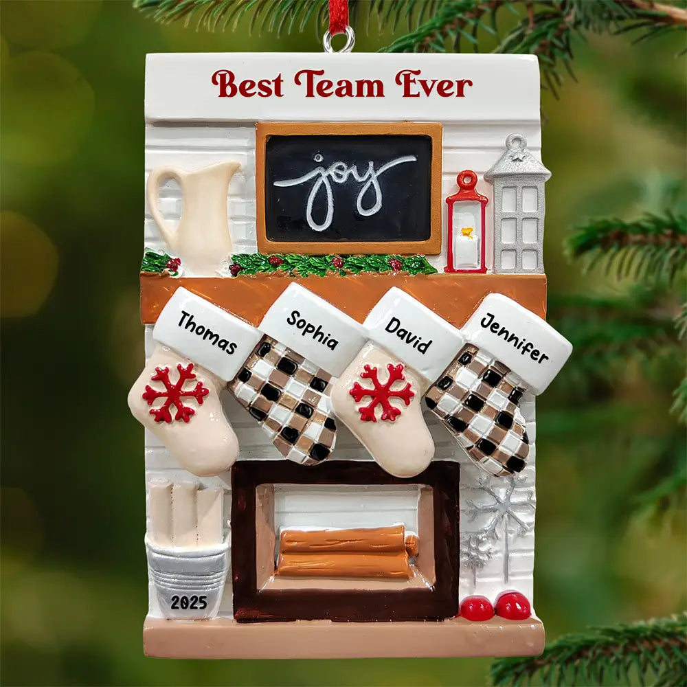 Hanging Socks Cozy Fireplace Family Friend Team - Personalized Embossed Ceramic Ornament