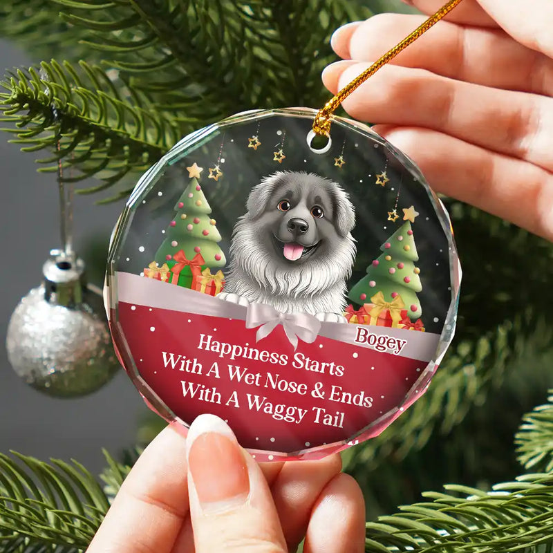 Dog Lovers, Dog Mom, Dog Dad, Dog Couple - Happiness Starts With A Wet Nose & Ends With A Waggy Tail - Personalized Circle Glass Ornament