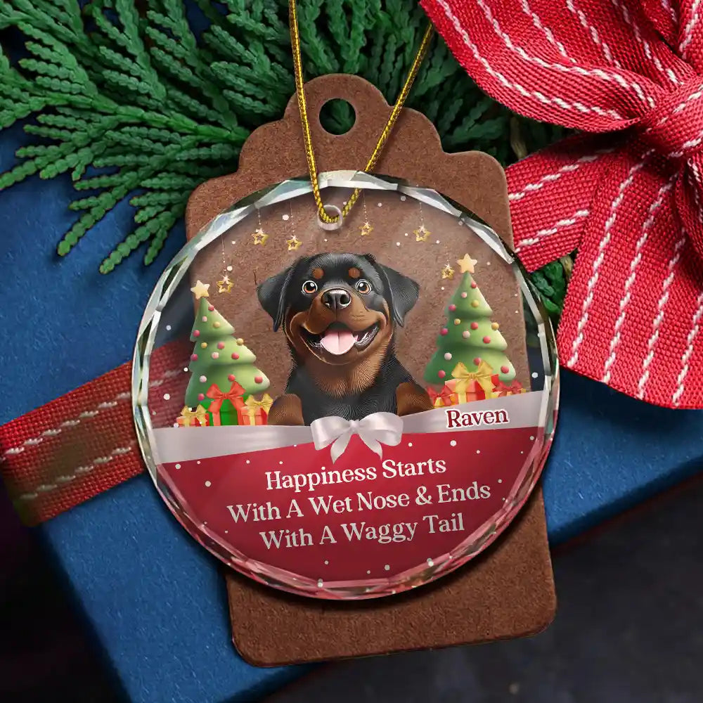 Dog Lovers, Dog Mom, Dog Dad, Dog Couple - Happiness Starts With A Wet Nose & Ends With A Waggy Tail - Personalized Circle Glass Ornament