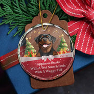Dog Lovers, Dog Mom, Dog Dad, Dog Couple - Happiness Starts With A Wet Nose & Ends With A Waggy Tail - Personalized Circle Glass Ornament