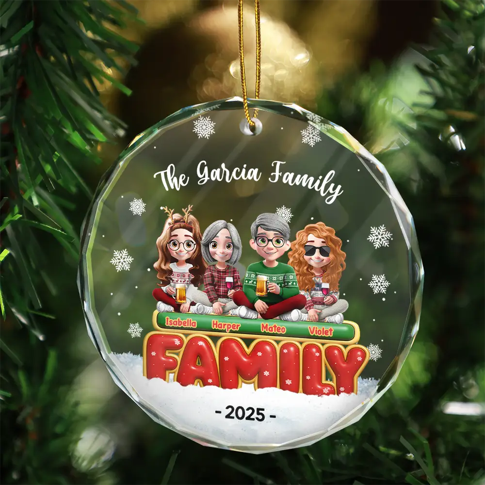 Christmas, Happy, Family - Happy All Family 3D Effect - Personalized Circle Glass Ornament