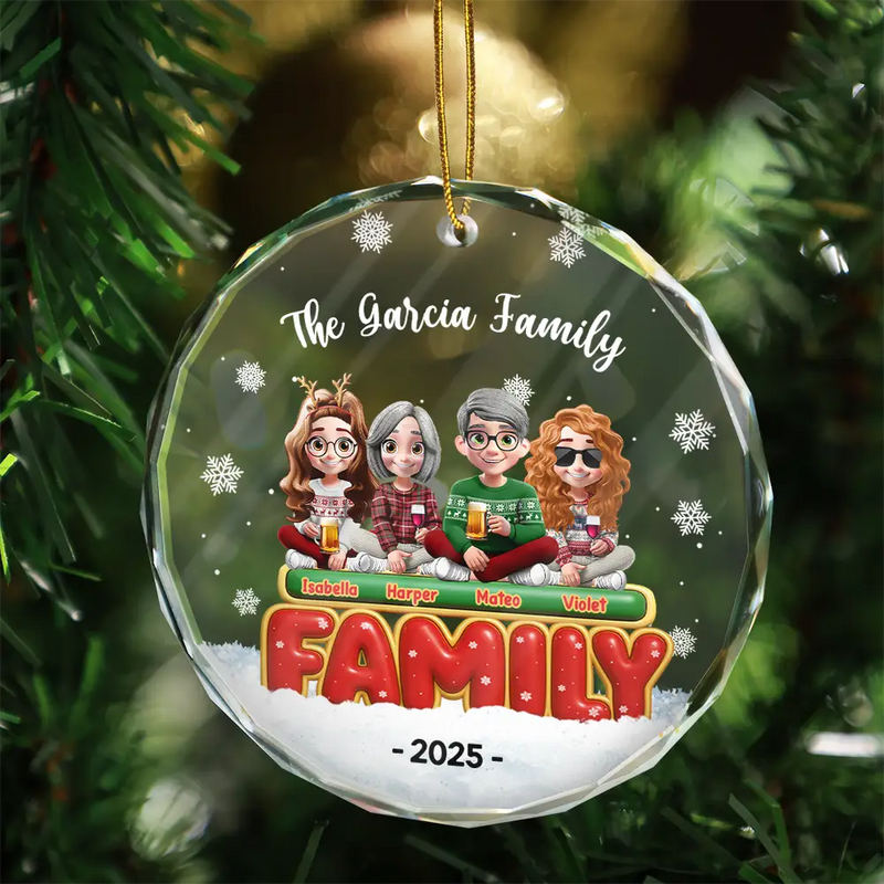 Christmas, Happy, Family - Happy All Family 3D Effect - Personalized Circle Glass Ornament