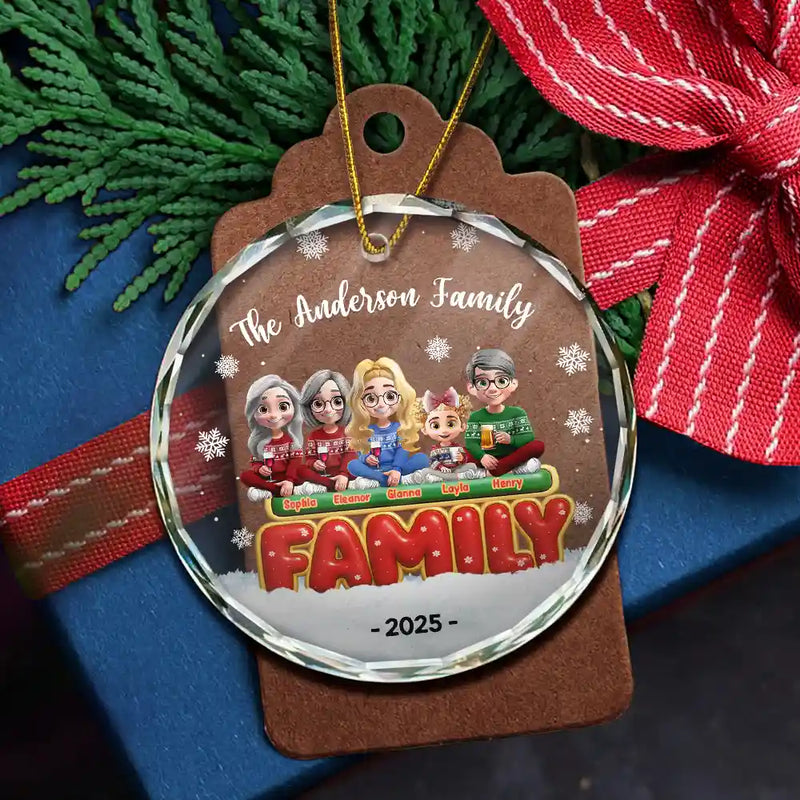 Christmas, Happy, Family - Happy All Family 3D Effect - Personalized Circle Glass Ornament