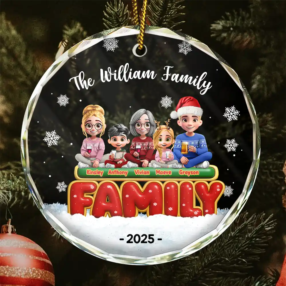 Christmas, Happy, Family - Happy All Family 3D Effect - Personalized Circle Glass Ornament