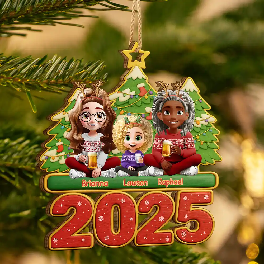 Christmas,Happy,Family - Happy All Family 3D Effect - Personalized Custom Shaped Wooden Ornament