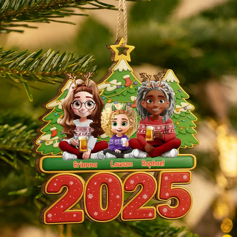 Christmas,Happy,Family - Happy All Family 3D Effect - Personalized Custom Shaped Wooden Ornament