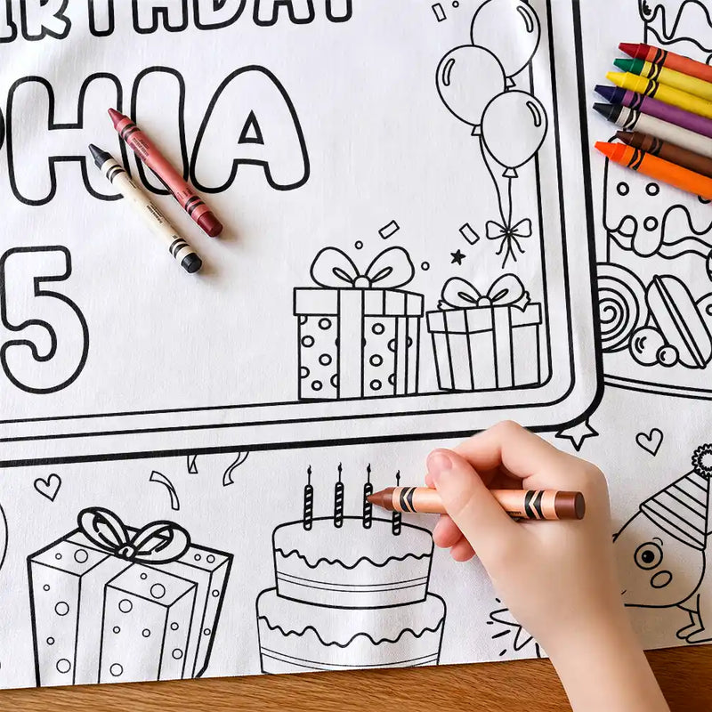 Playful,Back To School,Gift For Kids,Icon,Custom Text - Happy Birthday For Boy Girl - Personalized Coloring Tablecloth