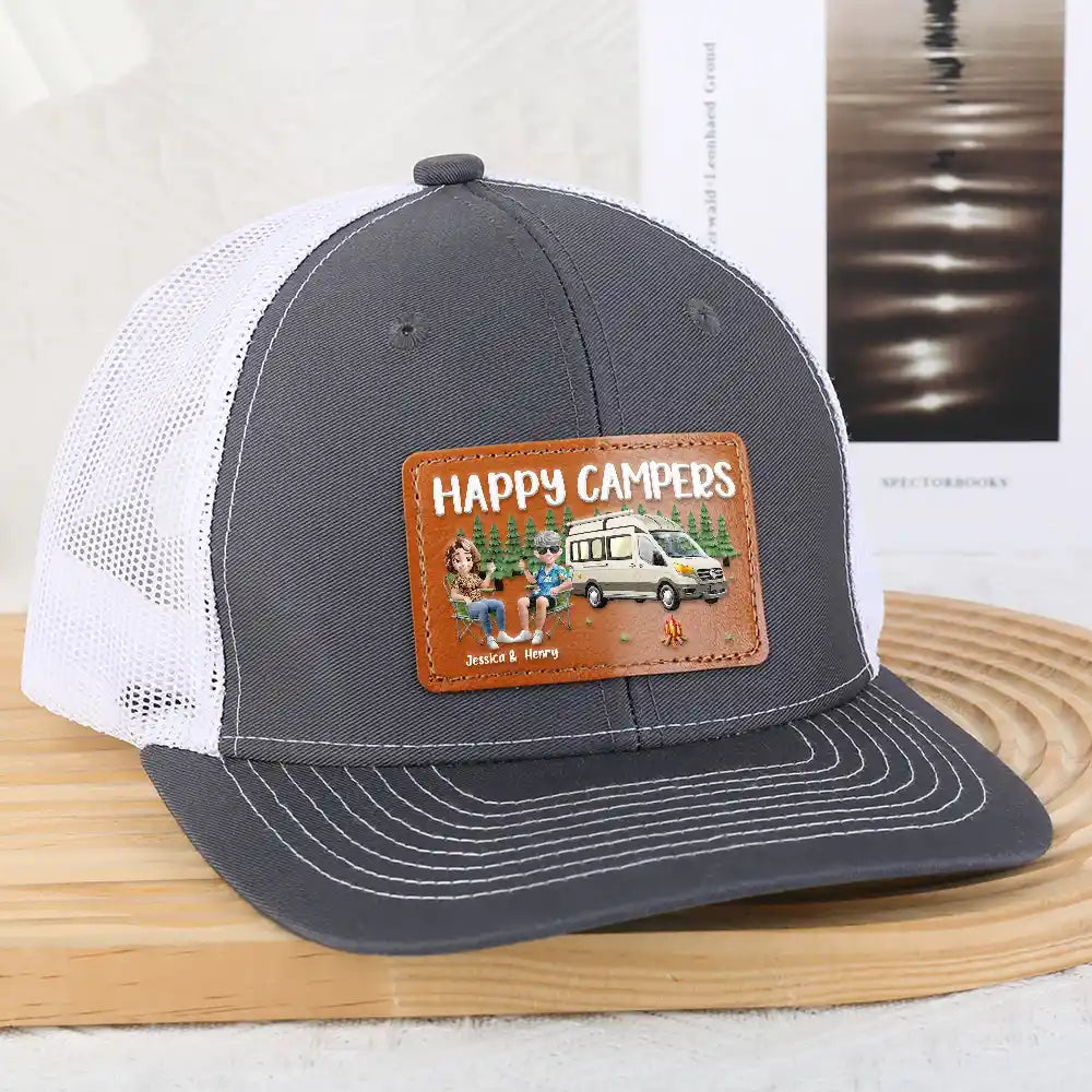 Camping,Couple's Hobby - Happy Campers Couple - Personalized Leather Patch Hat