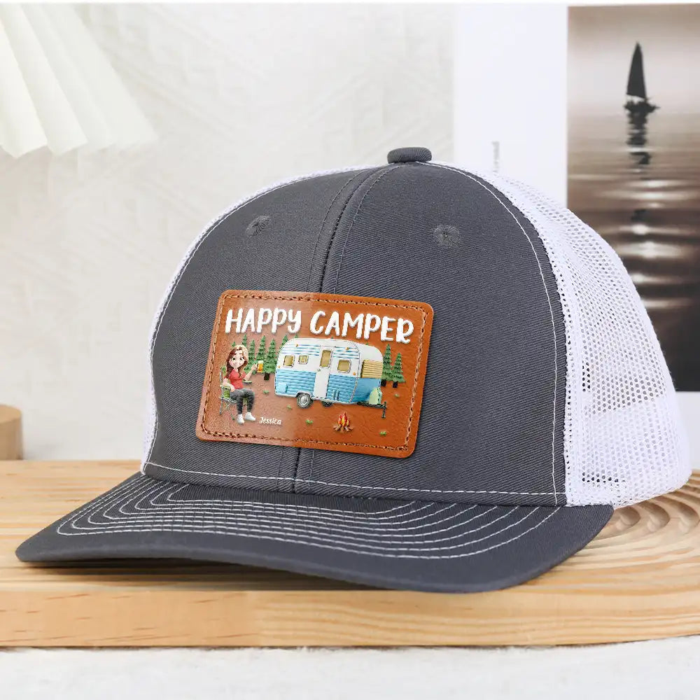 Camping,Couple's Hobby - Happy Campers Couple - Personalized Leather Patch Hat