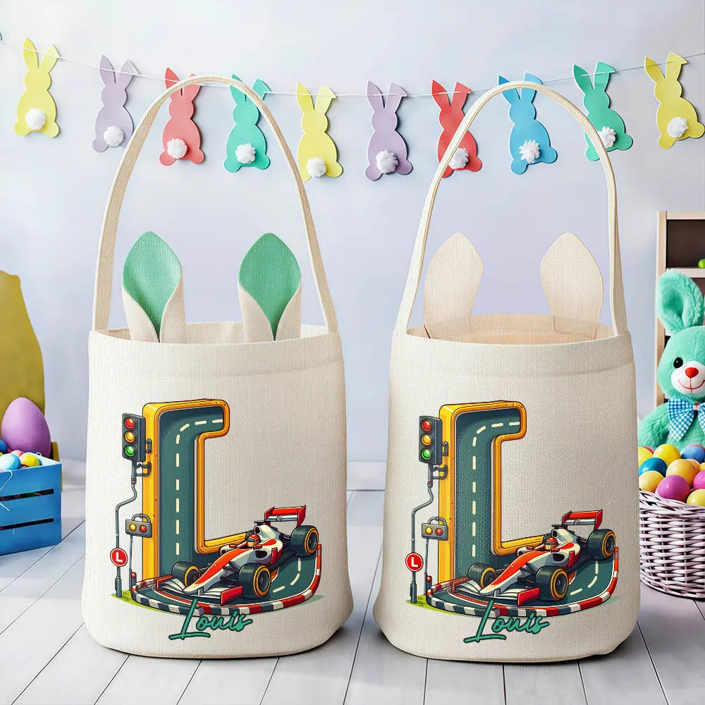 Gift For Kids,Grandma - Grandkids,Gift For Grandkids,Dad - Children,Mom - Children,Easter,Happy - Happy Easter 3D Race Car Truck Dinosaur Mermaid Alphabet - Personalized Bunny Ears Bucket Bag