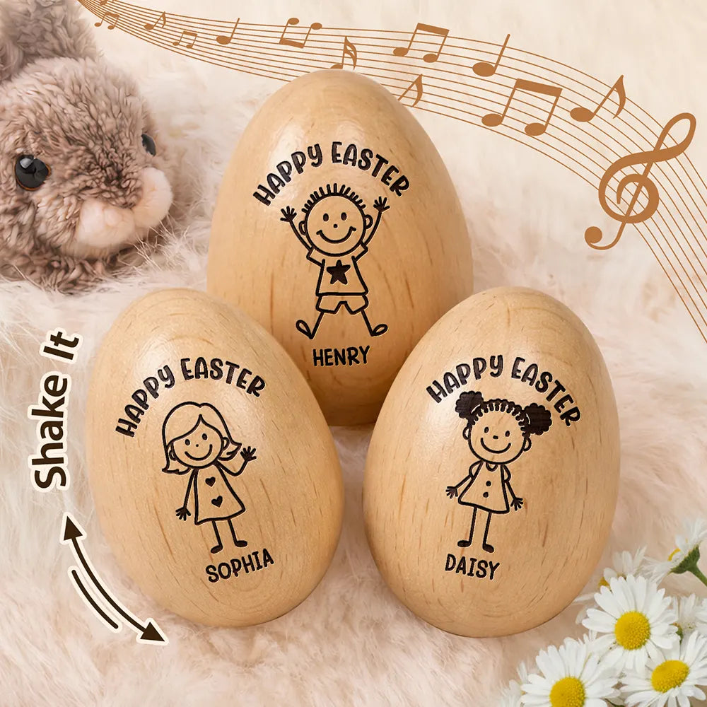 Happy Easter Kids Stick Figure - Personalized Musical Wooden Easter Egg Shaker