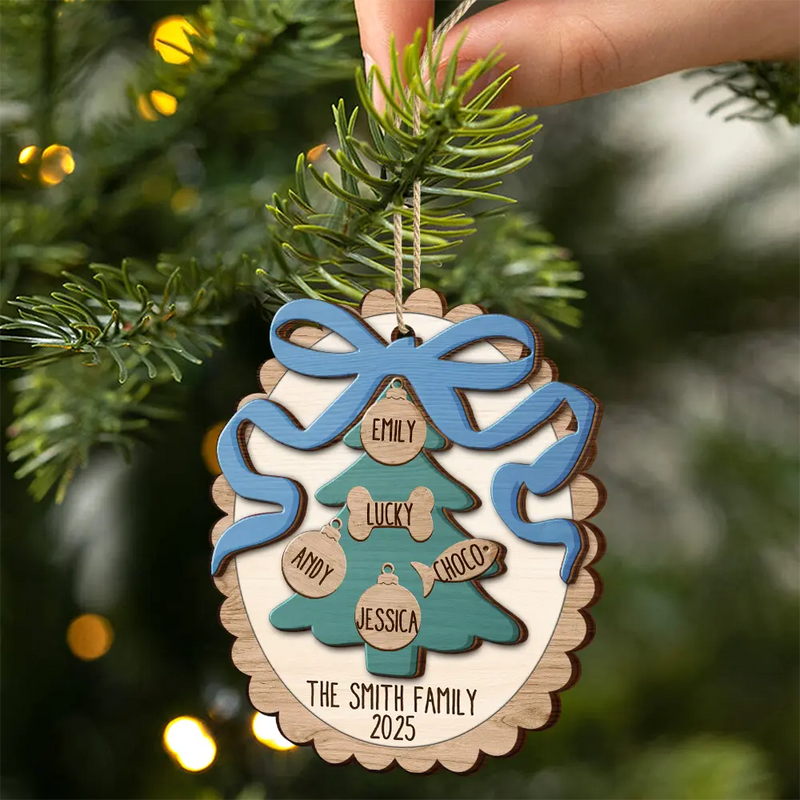 Family, Gift For Sibling, Gift For Sisters, Gift For Brothers, Love, Christmas, Pet Lovers, Parents, Gift For Grandparents - Happy Family Bow Tree - Personalized 2-Layered Wooden Ornament