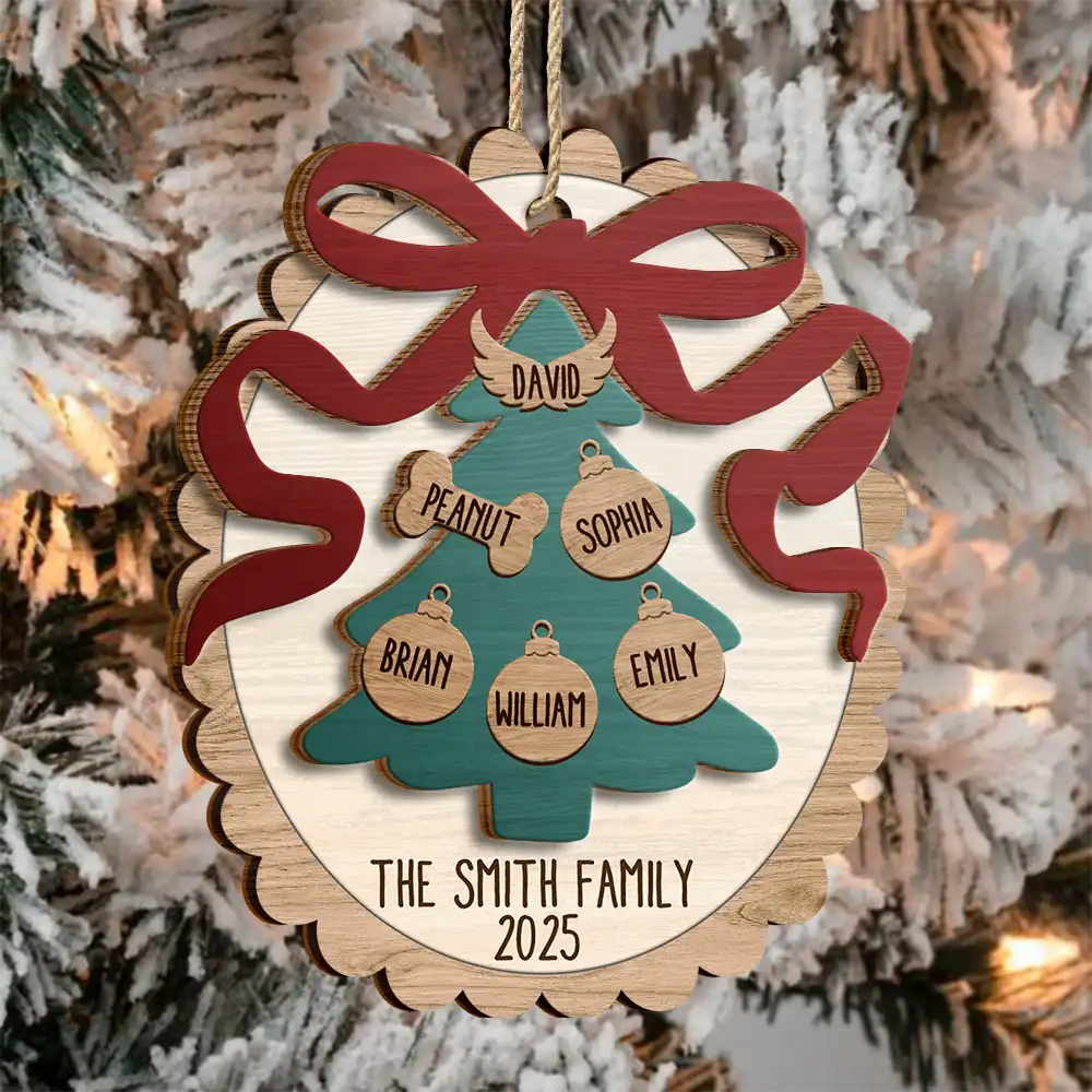 Family, Gift For Sibling, Gift For Sisters, Gift For Brothers, Love, Christmas, Pet Lovers, Parents, Gift For Grandparents - Happy Family Bow Tree - Personalized 2-Layered Wooden Ornament