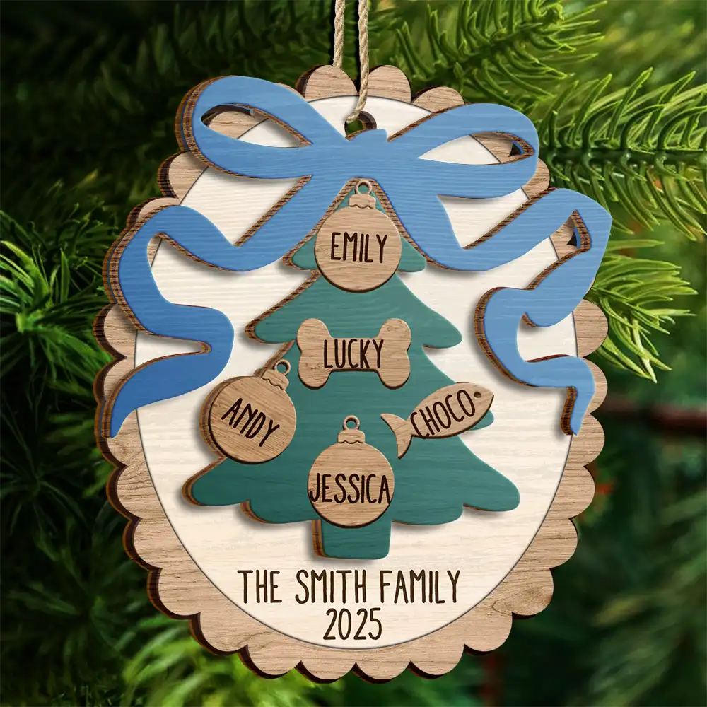 Family, Gift For Sibling, Gift For Sisters, Gift For Brothers, Love, Christmas, Pet Lovers, Parents, Gift For Grandparents - Happy Family Bow Tree - Personalized 2-Layered Wooden Ornament