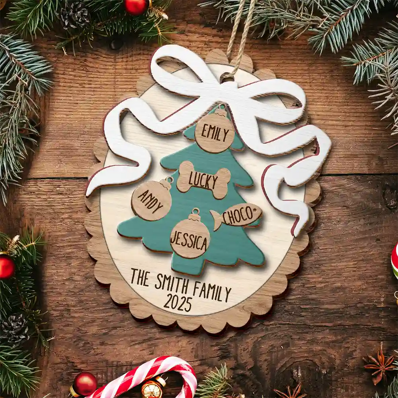 Family, Gift For Sibling, Gift For Sisters, Gift For Brothers, Love, Christmas, Pet Lovers, Parents, Gift For Grandparents - Happy Family Bow Tree - Personalized 2-Layered Wooden Ornament