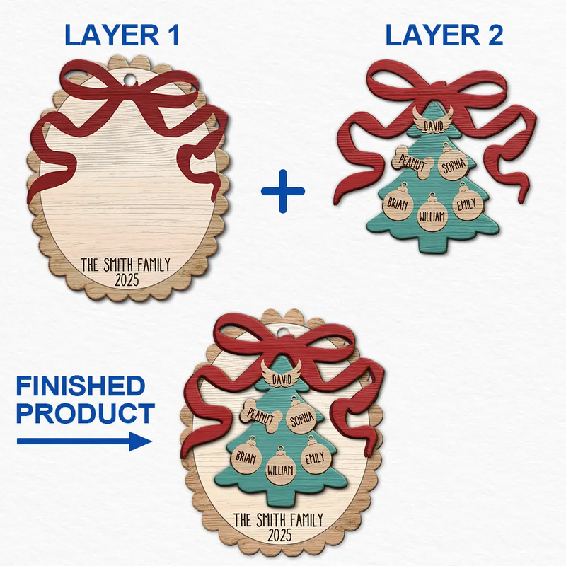 Family, Gift For Sibling, Gift For Sisters, Gift For Brothers, Love, Christmas, Pet Lovers, Parents, Gift For Grandparents - Happy Family Bow Tree - Personalized 2-Layered Wooden Ornament