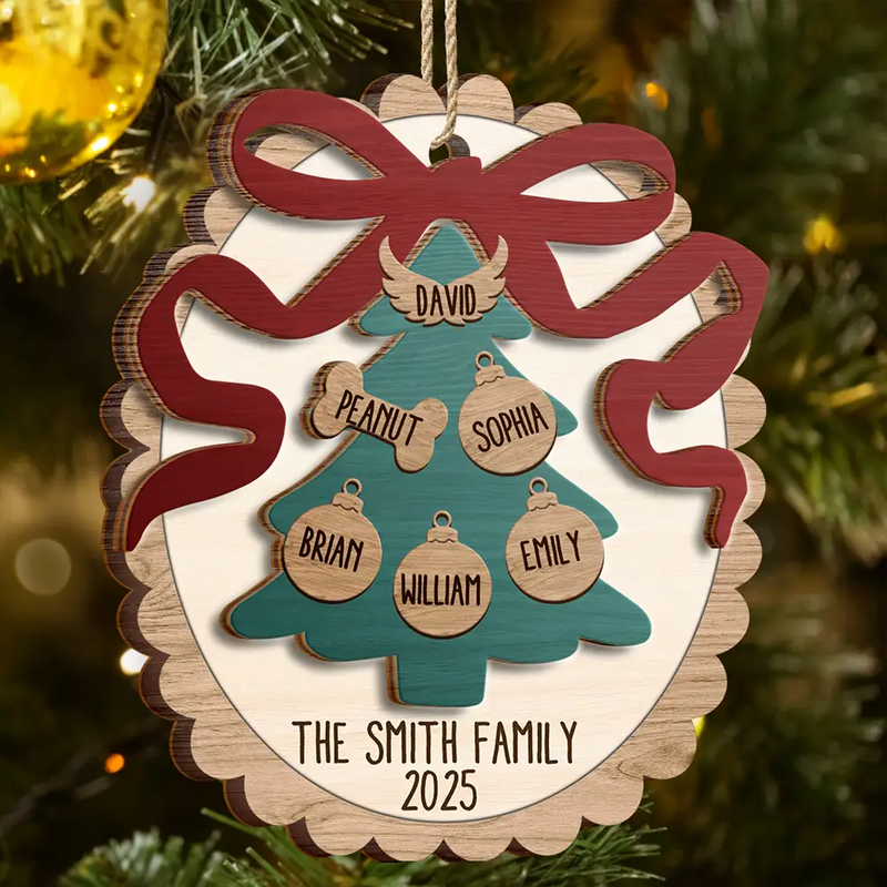 Family, Gift For Sibling, Gift For Sisters, Gift For Brothers, Love, Christmas, Pet Lovers, Parents, Gift For Grandparents - Happy Family Bow Tree - Personalized 2-Layered Wooden Ornament